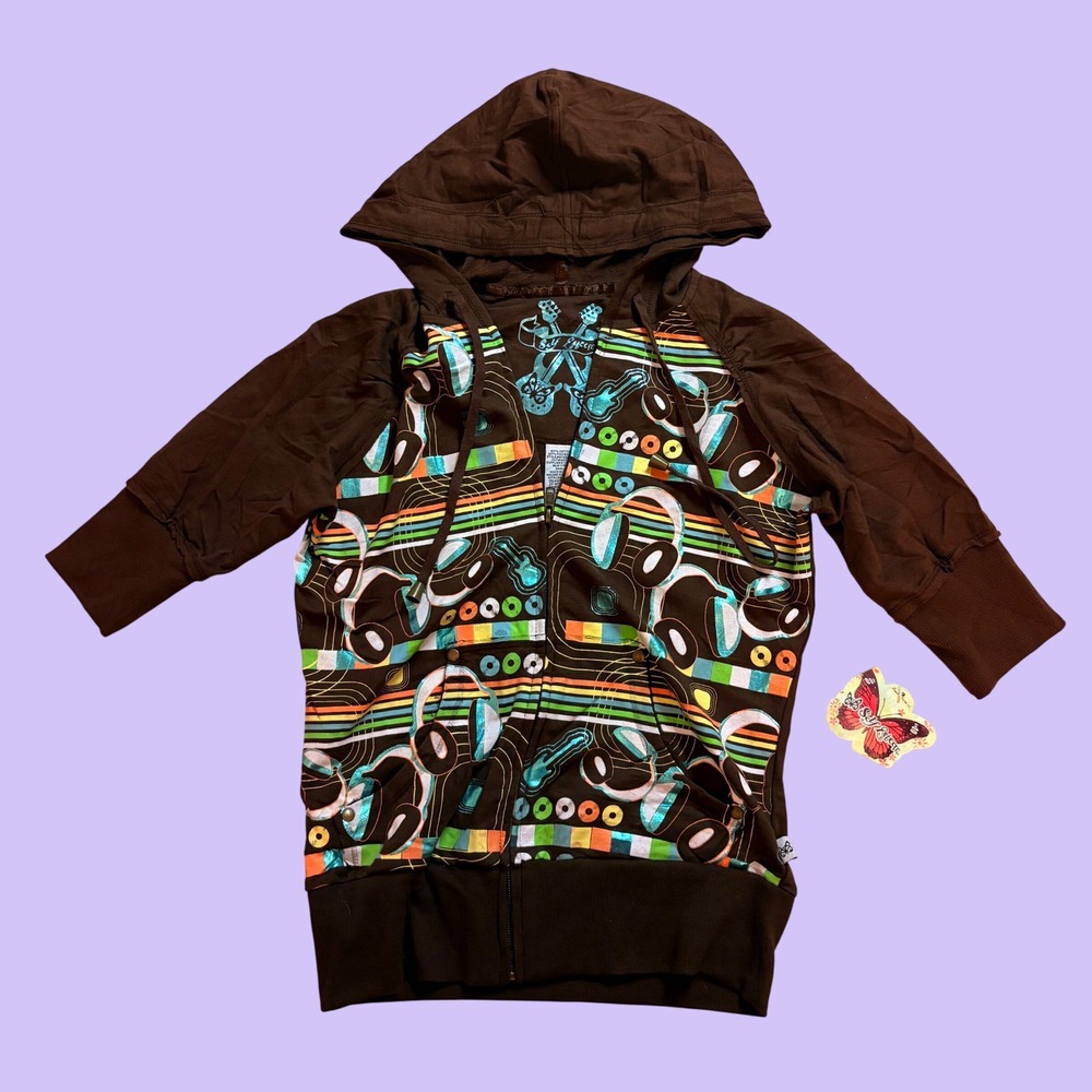 Y2K Self Esteem Graphic Zip Up Hoodie Brown Headphone Guitar Print Scene #17